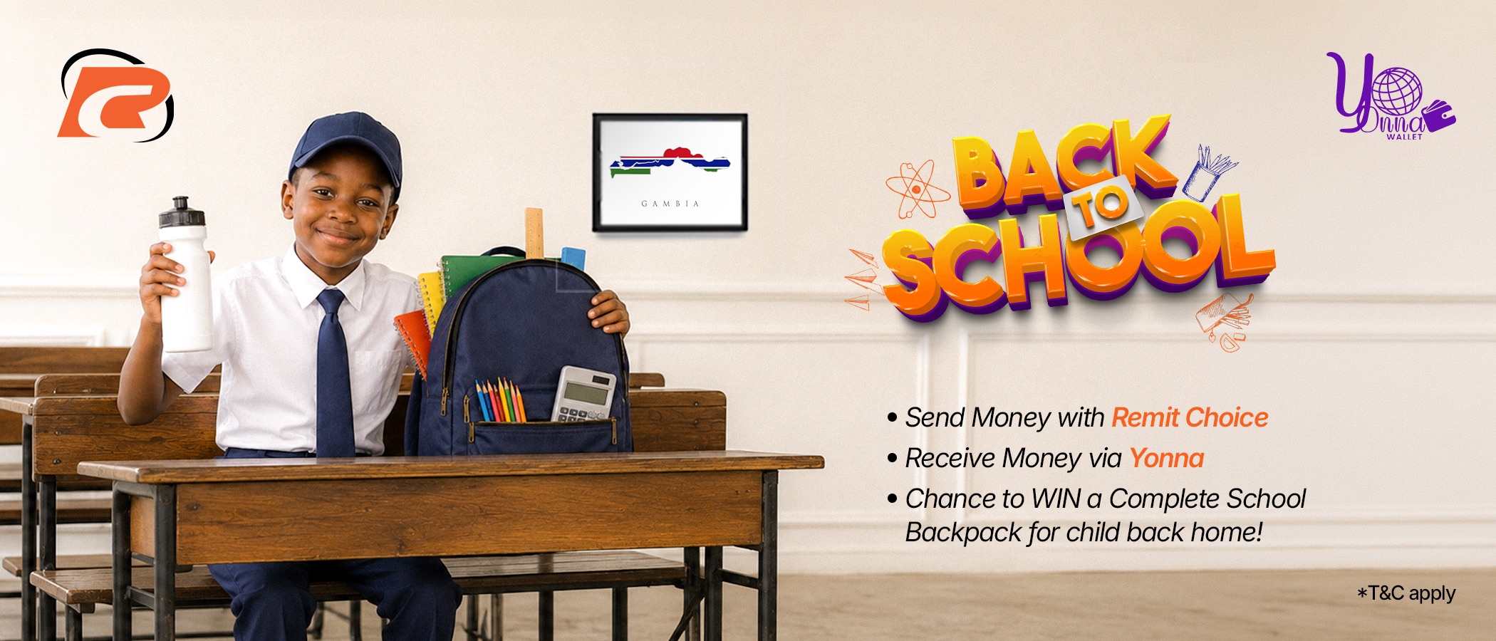 Back-to-school campaign banner featuring a Gambian schoolboy with a backpack and school supplies, promoting Remit Choice money transfers via Yonna with a chance to win a complete school backpack.